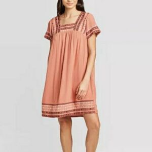 Knox Rose Embroidered Flared Mini Dress S Coral Rust Babydoll Boho Cottagecore